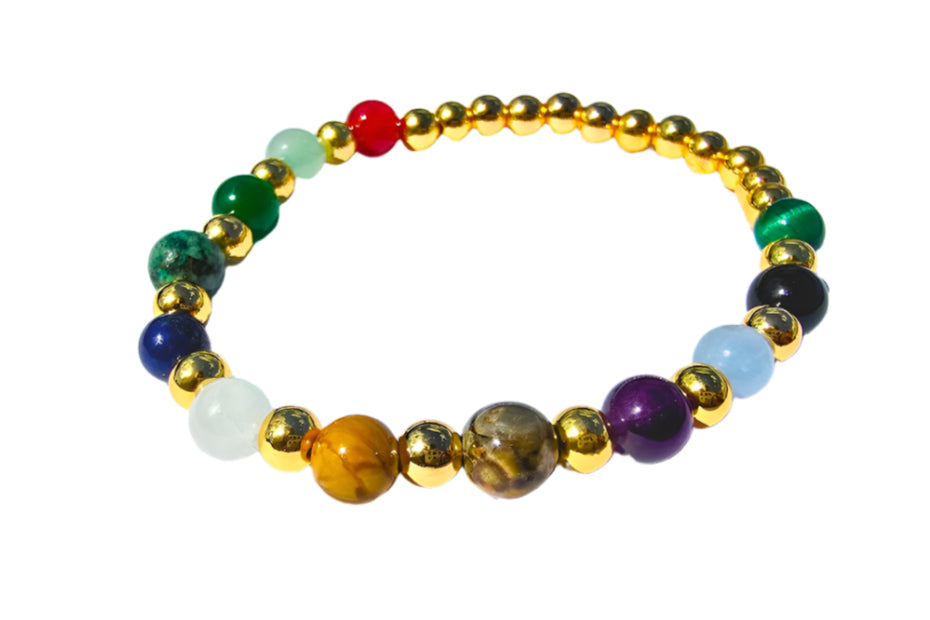 Multicolored beaded bracelet on a light blue background