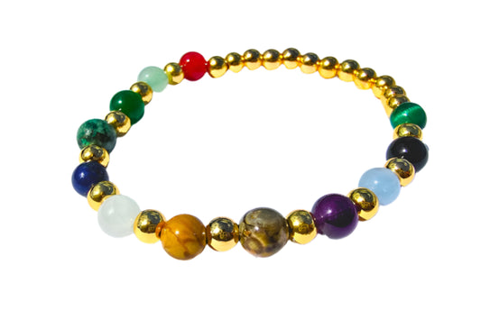 Multicolored beaded bracelet on a light blue background